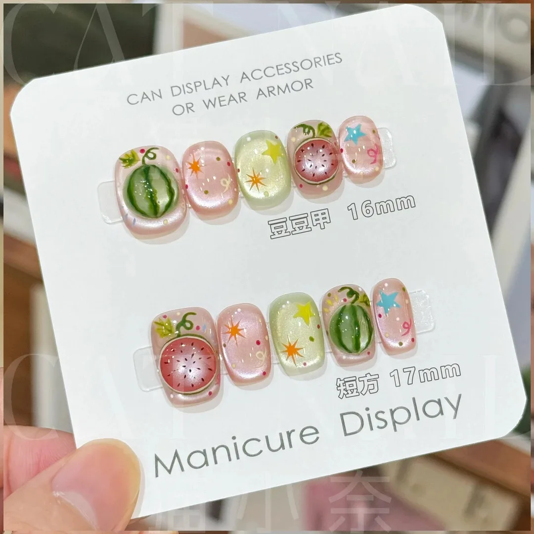 

10pcs Summer Cooling Watermelon Press on Nails Circle Manicure Wearable Nail for Women and Girls False Nail