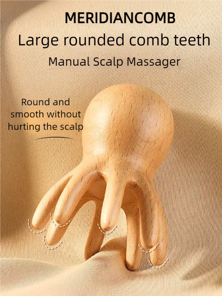 Sandalwood Octopus Massage Comb Head Meridian Scraping Scalp Massage Brush Acupuncture SPA Gua Sha Massage Comb Fatigue Relief view 3