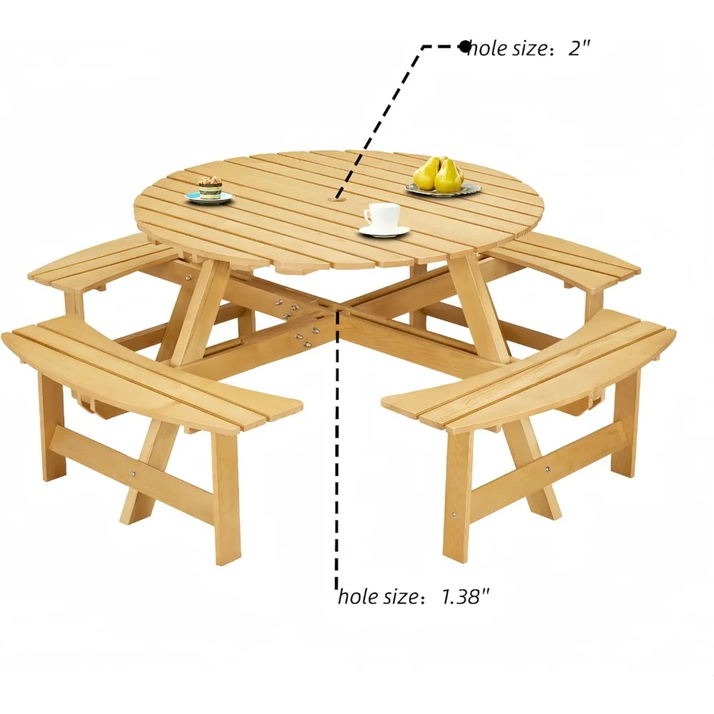 8-местный деревянный стол для пикника, круглый стол для пикника на открытом воздухе с 4 встроенными скамейками, отверстием для зонта, внешним столом и скамейкой для P