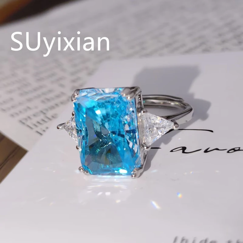 925 Sterling Silver Fashion Temperament 10 * 14 Redeen Cut Sea Blue Zircon Ring Birthday Party Anniversary Gift