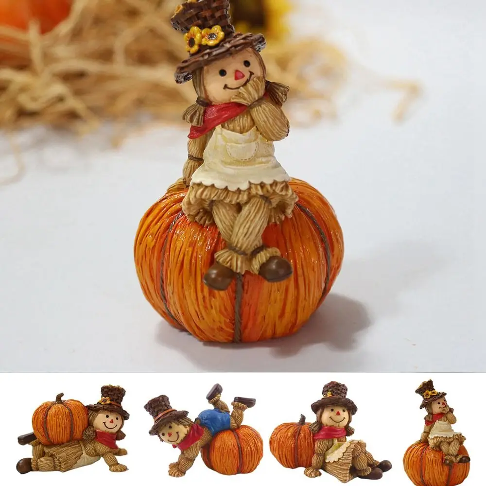 Resin Pumpkin Scarecrow Ornaments Decorative Boys And Girls Unique Pumpkin Statue Lovely Harvest Day