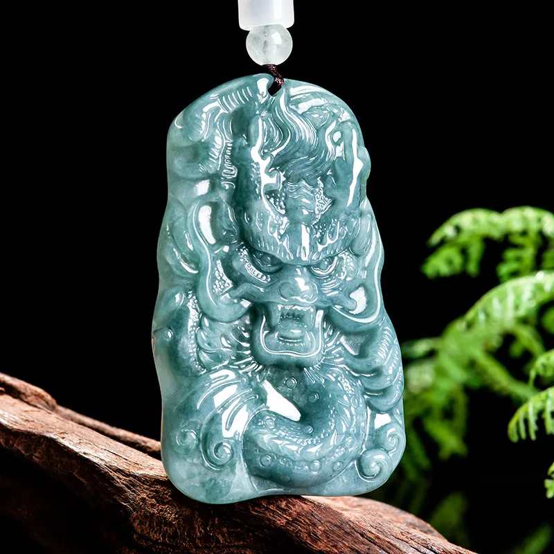 Natural A-grade Jade Pendant Blue Faucet Brand Retro and Atmospheric Xiaolong Pendant Ice Jade Lover's Jade Necklace Jewelry