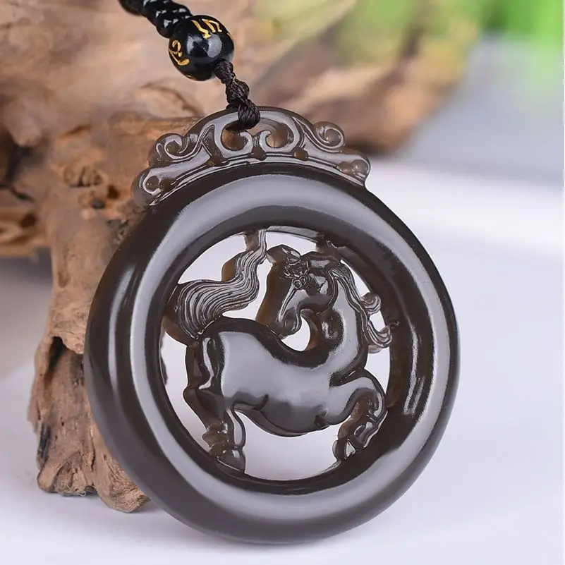 

Natural Hetian Jade Smoke Purple Jade Hollow Zodiac Horse for Men and Women To Success Pendant