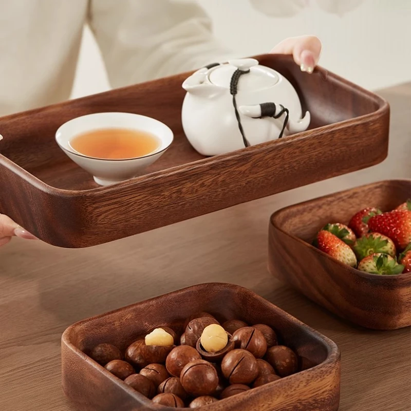 Wooden Snacks Dried Fruit Dessert Tray Solid Wood Square Tray Tea Table Fruit Compartmentalized Storage Dinner Plate