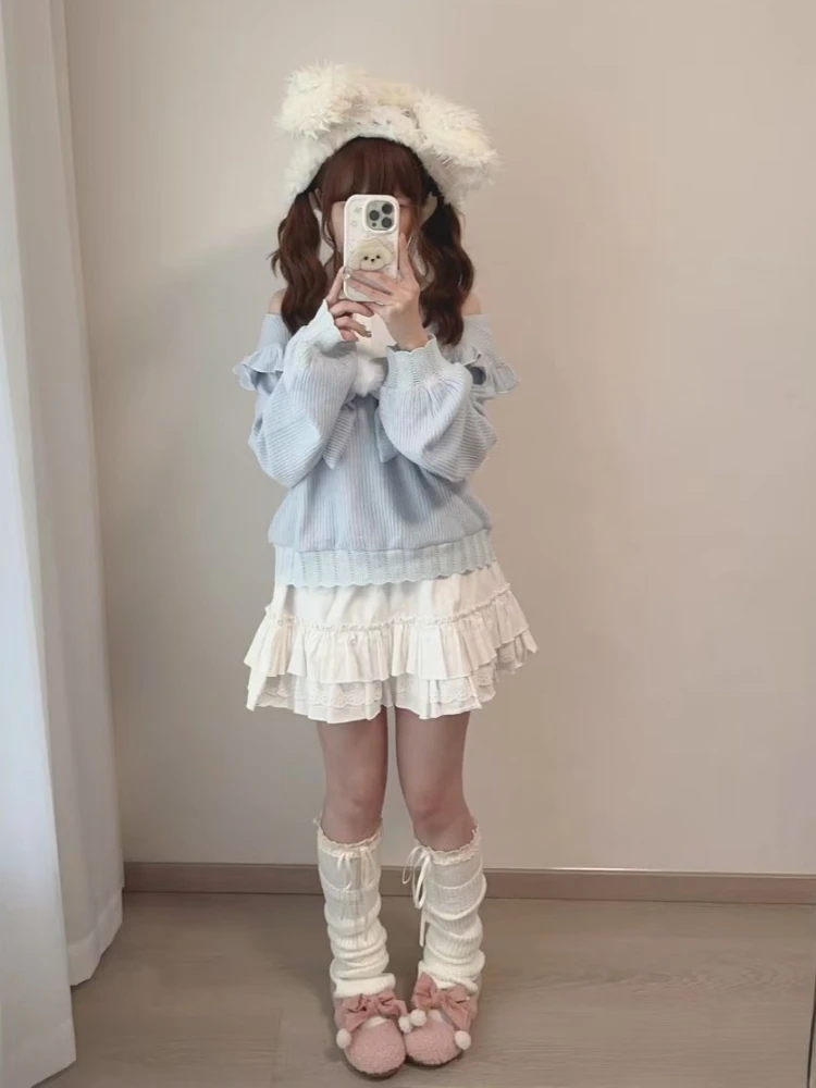 Autumn New Japanese 2025 Sweet 2-piece Set Women Design Off Shoulder Patchwork Bow T-Shirts Kawaii Lace High-waist Skirt Suit image 4