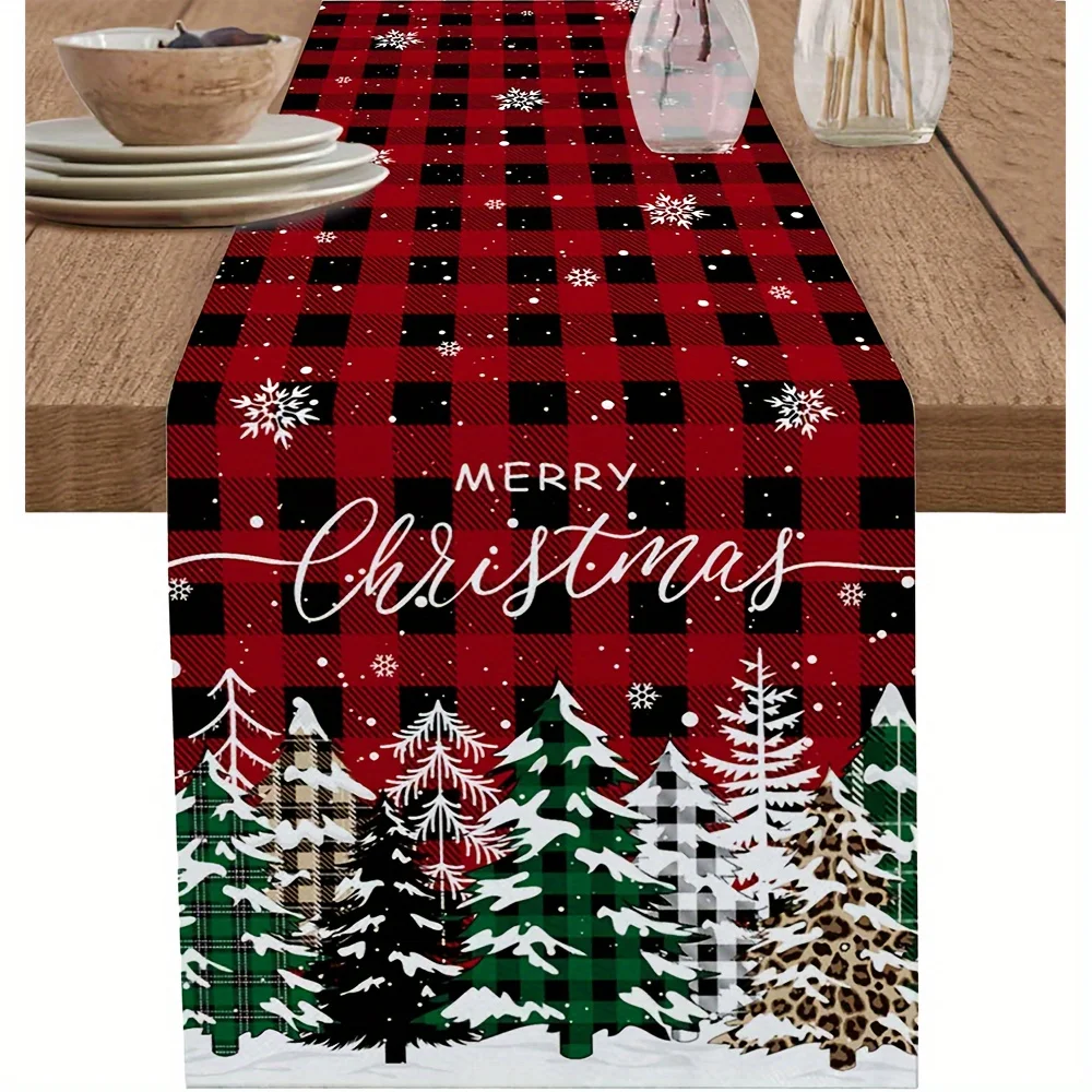 JIT Weihnachts-Tischläufer mit Karomuster, bedruckt, 2D-Flachdruck, festliche Heimdekoration, Weihnachts-Esstisch-Dekoration, rustikal, charmant