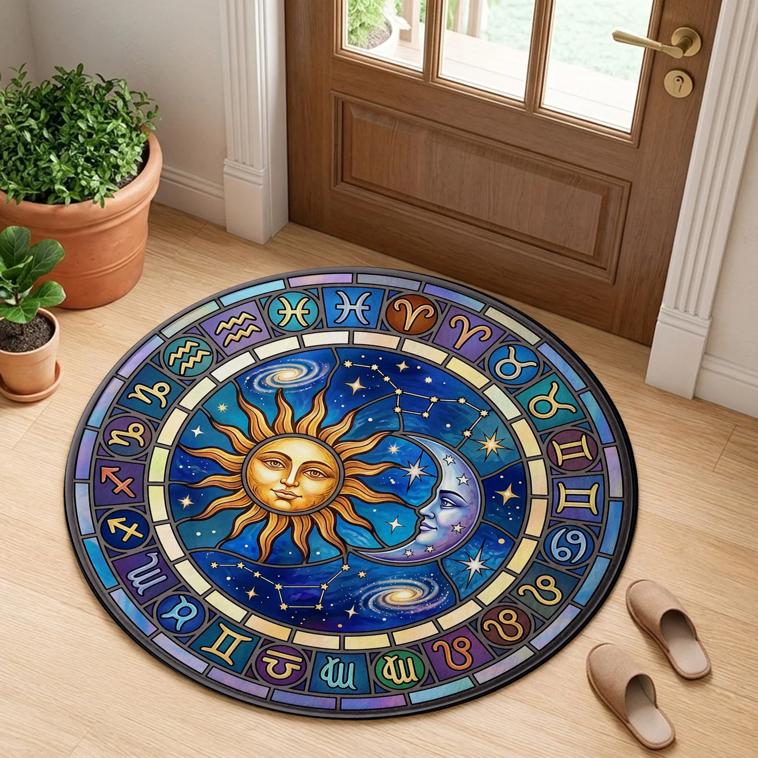 Zodiac Signs Astrology Sun Moon Star Stained Glass Celestial Blue Galaxy Pattern Holiday Luxury Round Mat Area Rug Home Decor
