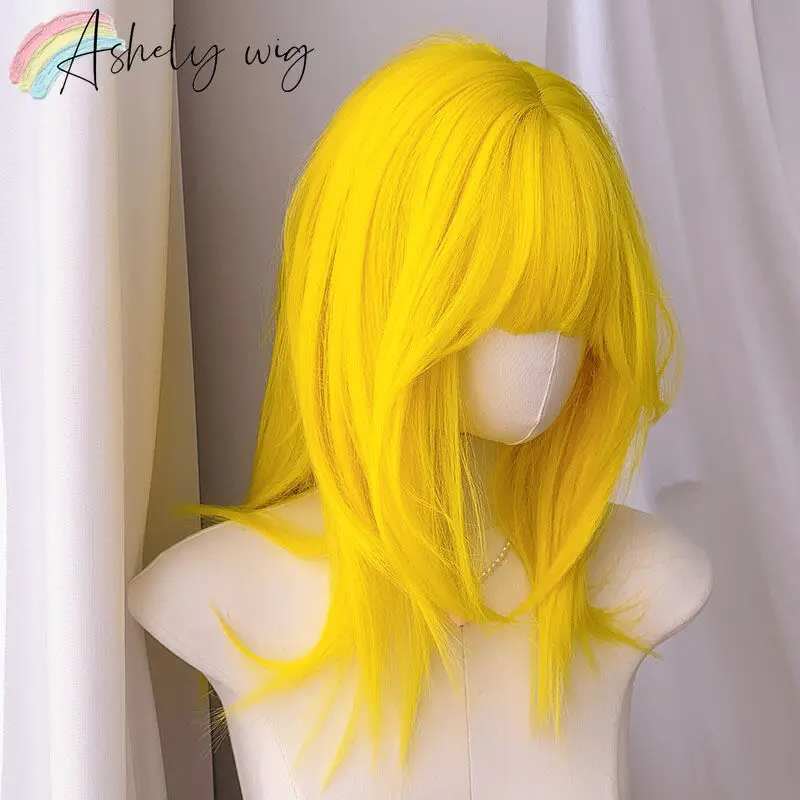 Yellow Wig for Women Cosplay Wig with Bangs Medium-length Hair with Layers High Temperature Fibers Synthetic Wigs Hallowmas