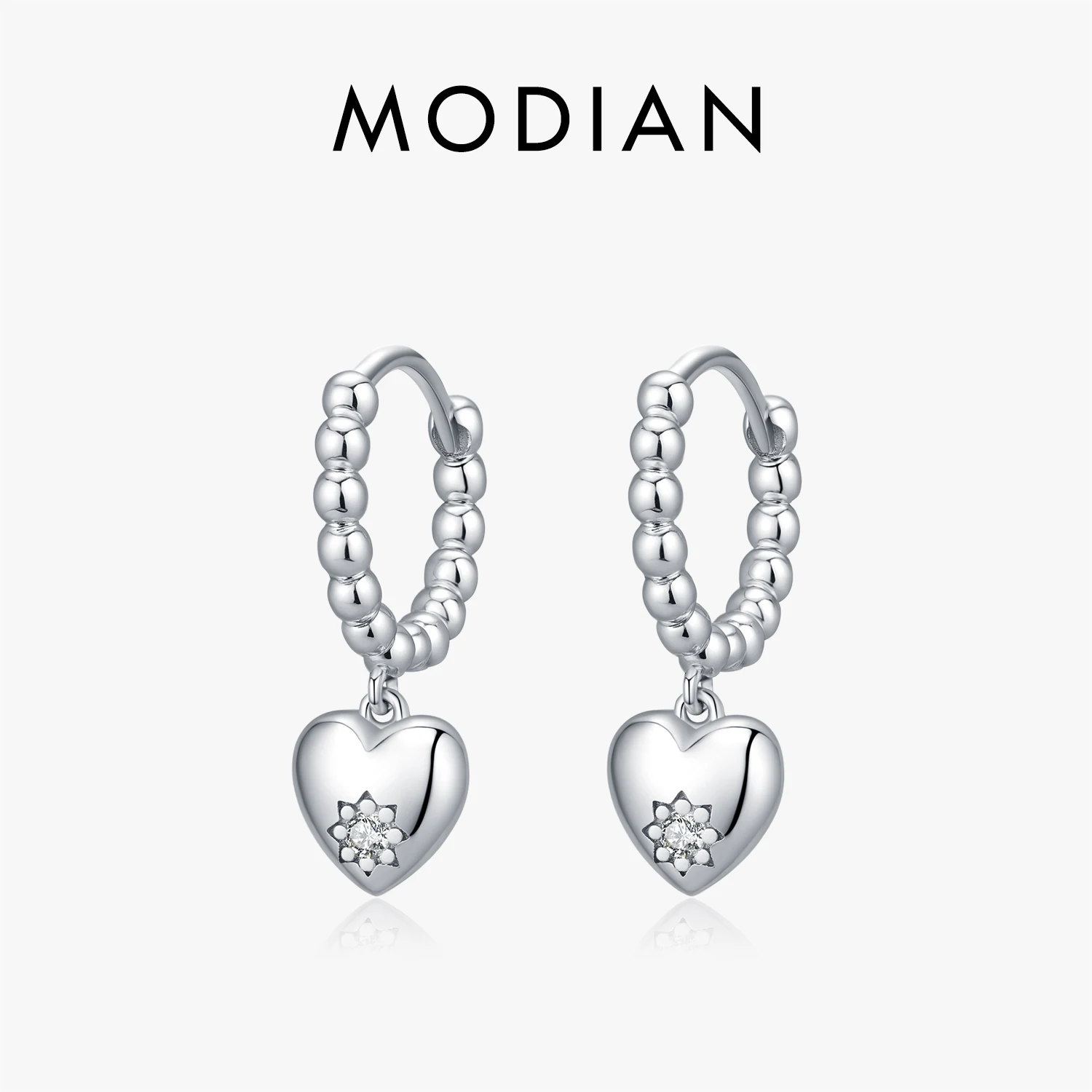 MODIAN 925 Sterling Silver Fashion Exquisite Mirror Heart Hexagram Zirconia Beads Hoop Earrings For Women Fine Jewelry