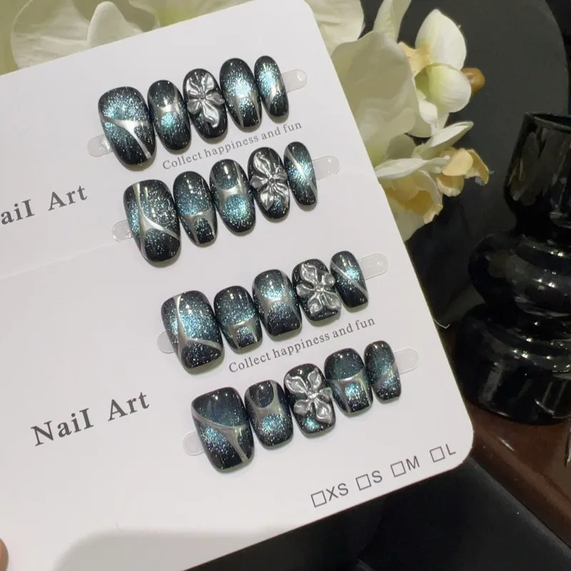 

10pcs Handmade Short Nail Tips Jet Black Cat Eye Press on Nails with Silver Accents 3D Floral Decorations for Nails False Nails