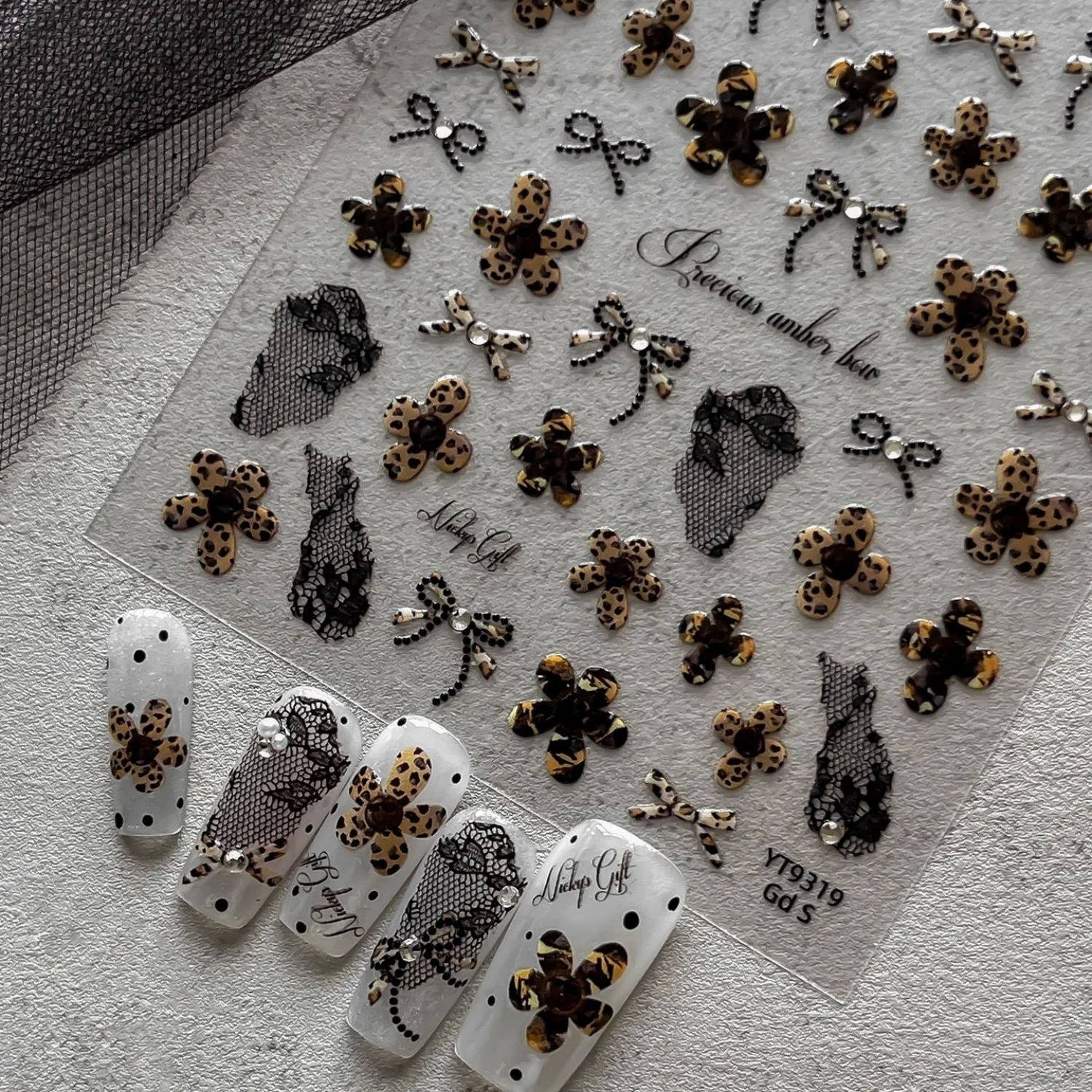 Dark Sweet Cool Bows Lace 5D Nail Art Stickers Black Leopard Lace Hollow Out Bow Retro Rhinestone Self Adhesive Nail Art Decals