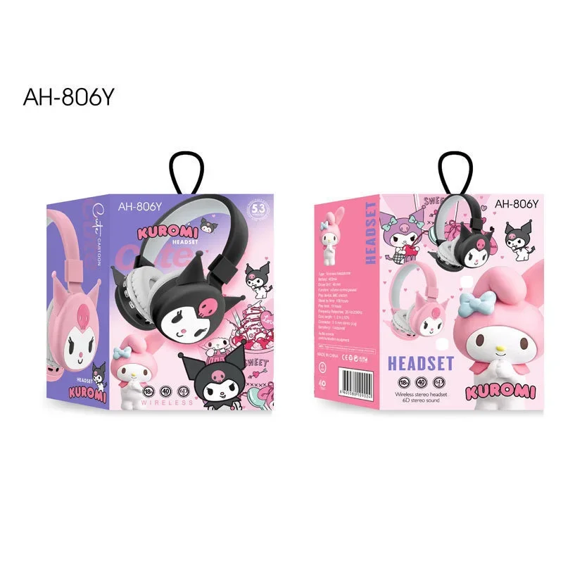 Sanrio Hello Kitty Kuromi Bluetooth Headphone Wireless Headsets Cartoon with Mic Foldable Lightweight Earphone for Phones Laptop