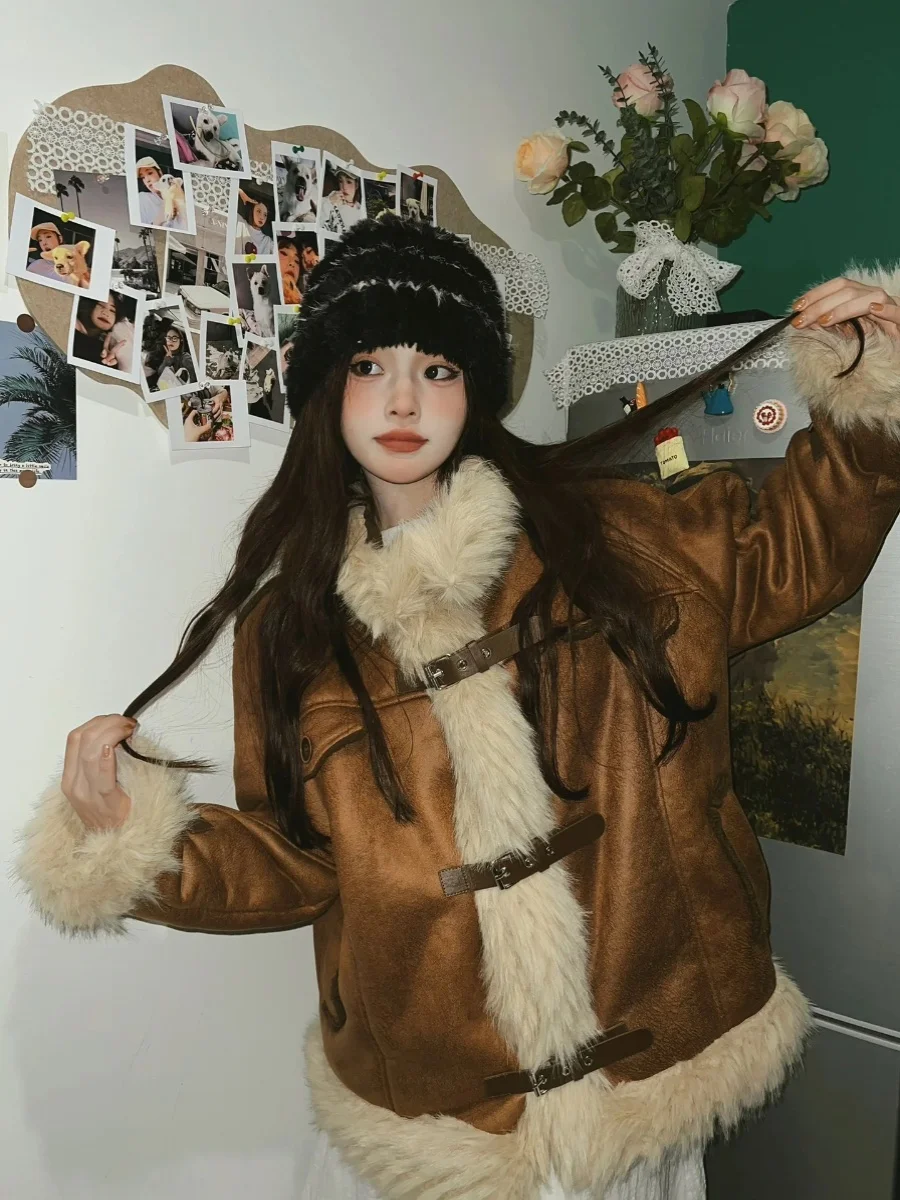 

American Retro Thiened Suede Lamb Fur Jaet Women's Winter High Design Sense Motorcycle Cotton Clothes Long Sve Stand C...