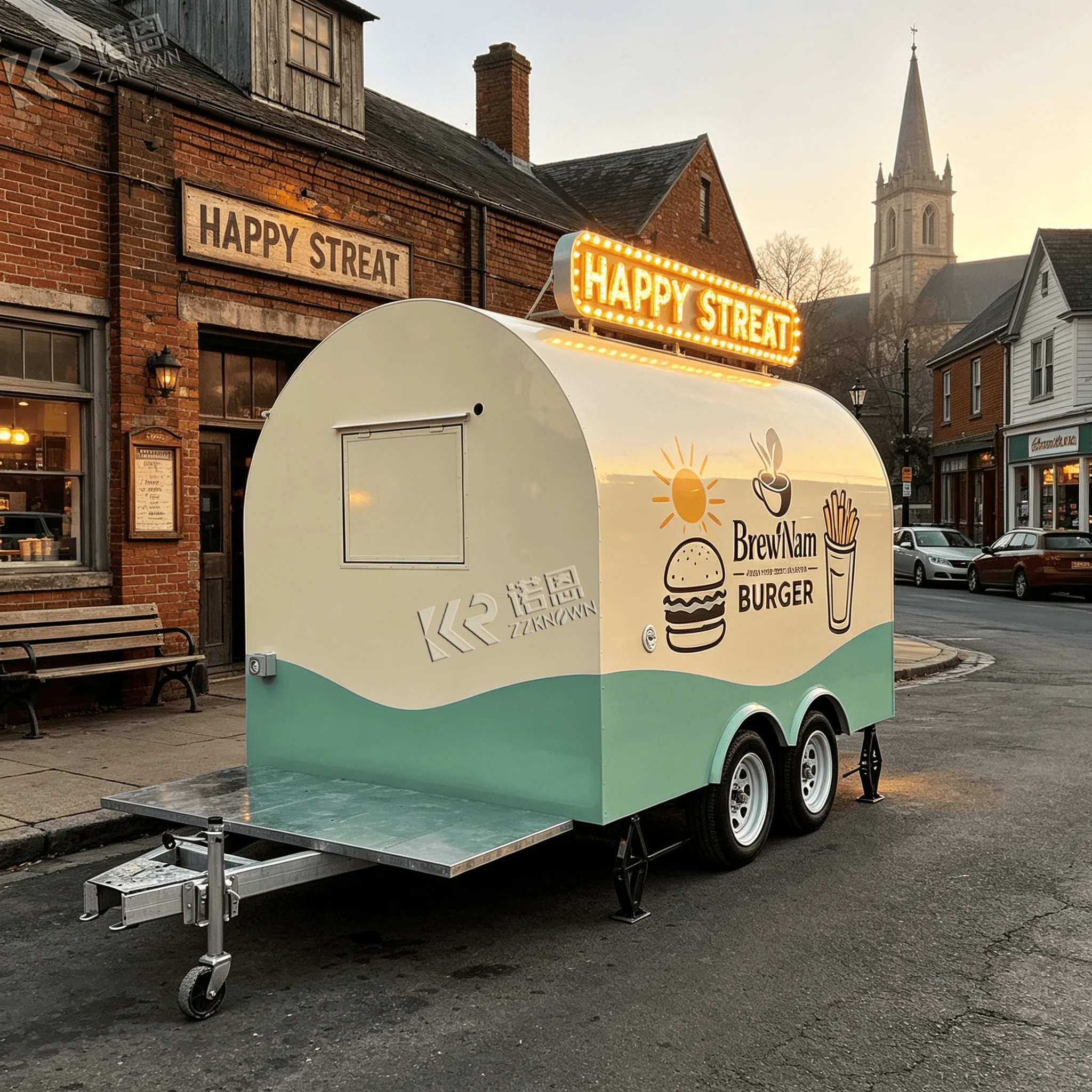 2.4m Curved‑Shape Towable Food Truck & Food Trailer 304 Stainless Steel With Solar Pre‑Set Interface for Off‑Grid Outdoor Stall