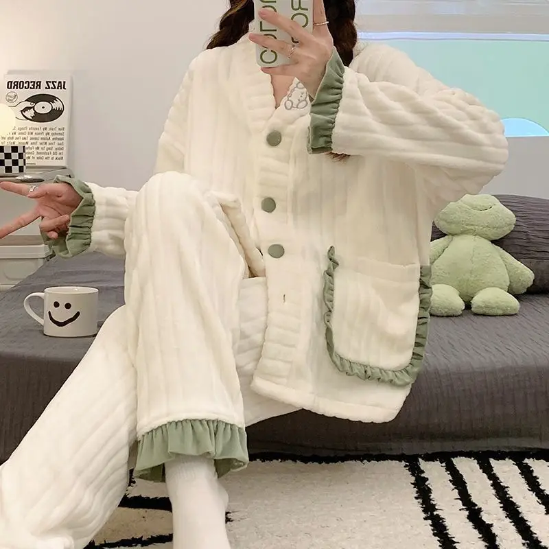 Ruffles Women Pajamas Set Winter Sleepwear Fleece 2 Piece Pocket Pant Home Suit Coat Korean Piiama Thick Warm Night Wear