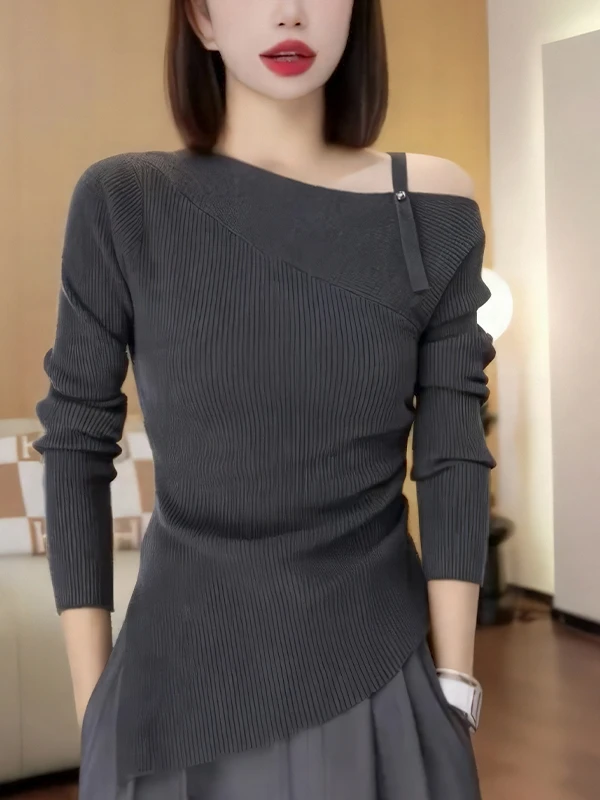 

Gtuq Design Deep ey Long Sve Knitted Women's Top Slim Fit Asymmetrical Strap Commute Sle Korean Version Spring 2025