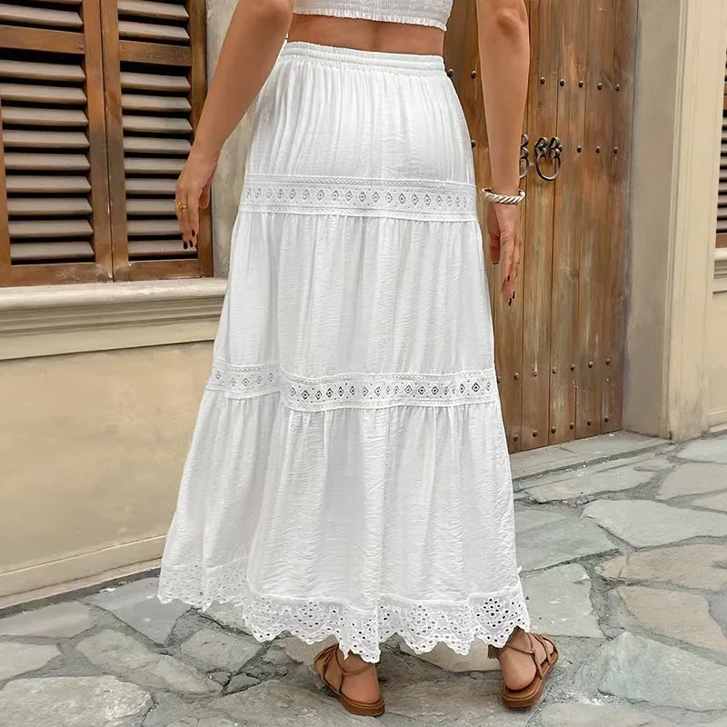 

High Waist f Skirt Patchwork Lace Trim Beach Holiday Skirt Women's A-Line Long Skirt Summer 2025 Pure Color Other Material