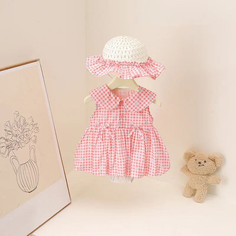 2026 New Summer Baby Girl Onesie Sleeveless Plaid Bow Decor Kids Pink Bodysuit Sweet Cute One Piece Outfit