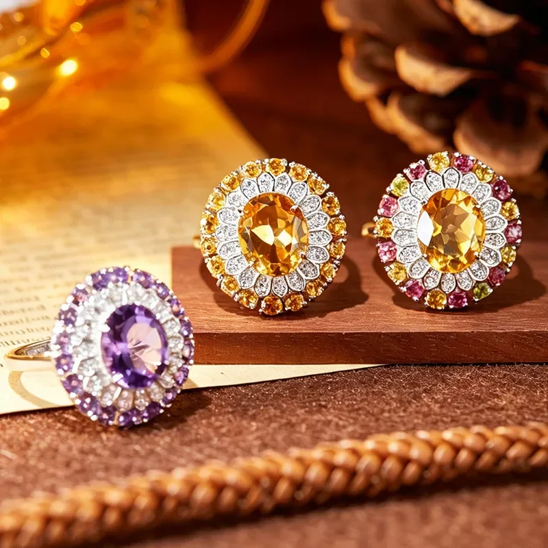Live stream explosion natural citrine amethyst ring women's S925 sterling silver luxury inlay factory source wholesale