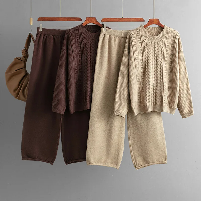 

Casual Loose Twists O-neck Long Sleeve Pullover Sweater+Elastic Pants Knit 2-Piece Sets Winter Women Suit New Solid Thick Set