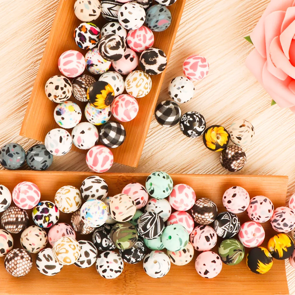 50-500Pcs Leopard Terrazzo Dalmatian Camo Silicone Beads Leopard Print 15MM/12MM For Jewelry Necklaces Making
