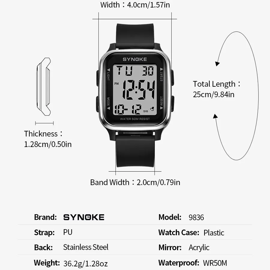 SYNOKE Watch Outdoor Sports Multifunctional Waterproof Shock Resistant Large Screen Display Luminous LED Digital Watch For Men