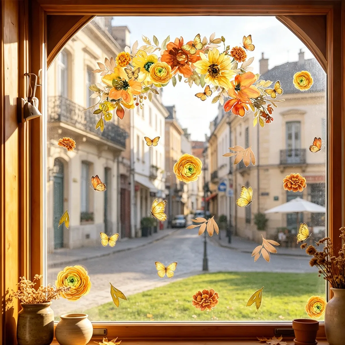 Reusable Autumn Window Clings with Sunflower and Butterfly Prints Double-Sided for static Clings for Temporary Yet Vibrant