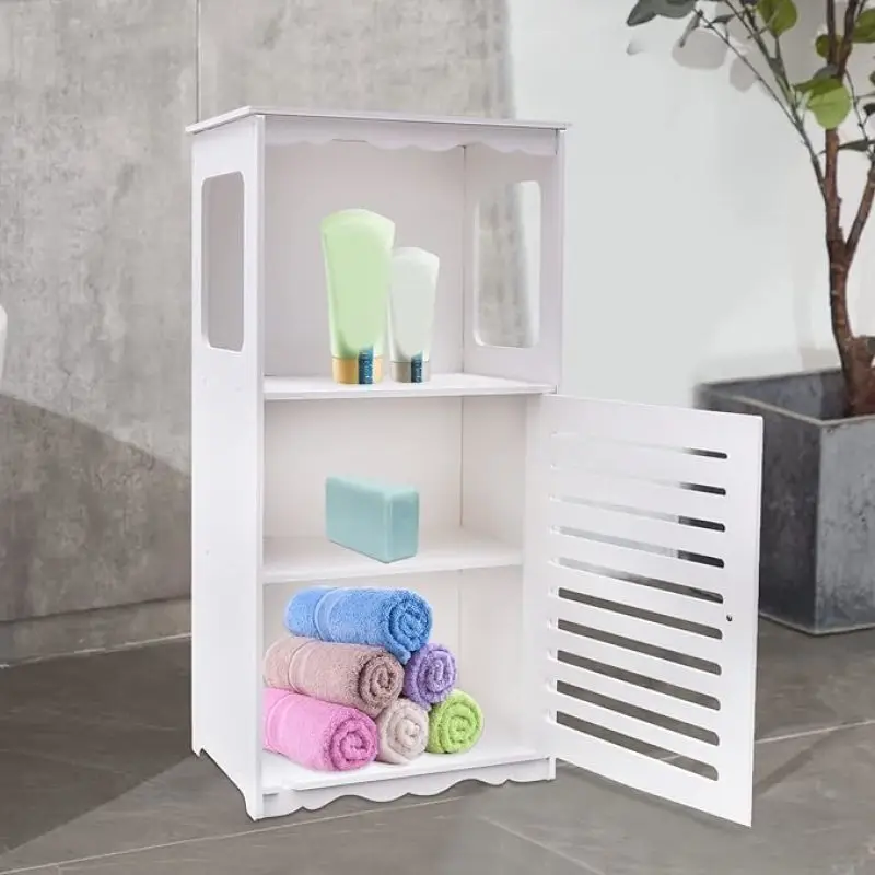 Bathroom Cabinet Wooden Plastic Panel with 1 Open Compartment and Doors 39.5 x 28 x 80 cm Bathroom Storage Organiser White