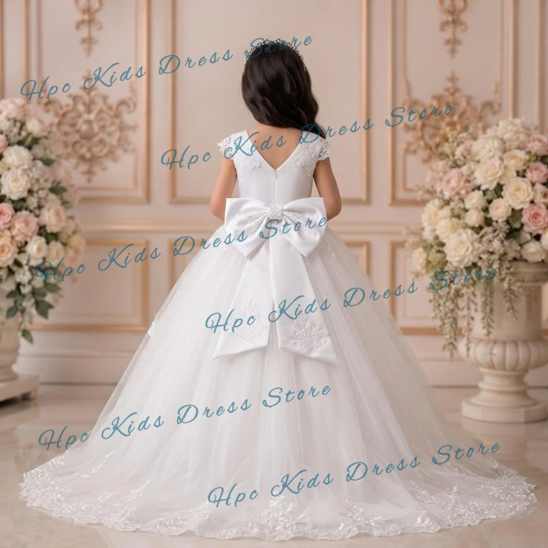 Custom White Lace & Tulle Flower Girl Dress, Sleeveless with Floral Appliques for Wedding Birthday Party Kids Formal Wear