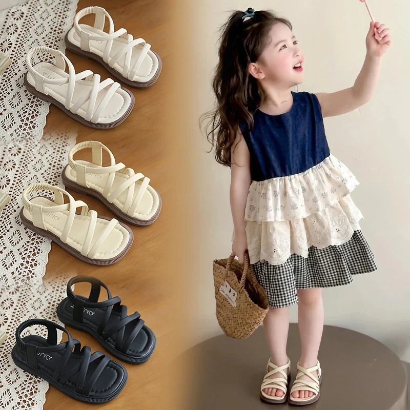 

Mumoresip Summer New Girls Roman Sandals Cross Strap Hollow-out Children Beach Sandals Solid Color Breathable Kids Flat Sandals
