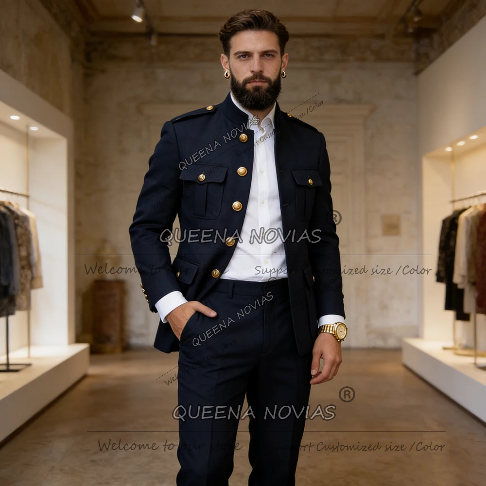 

Elegant Suits Men 2 Piece Sets Safari Style Jacket Pants Customized Business Formal Wear Single Breasted Groom Wedding Tuxedos