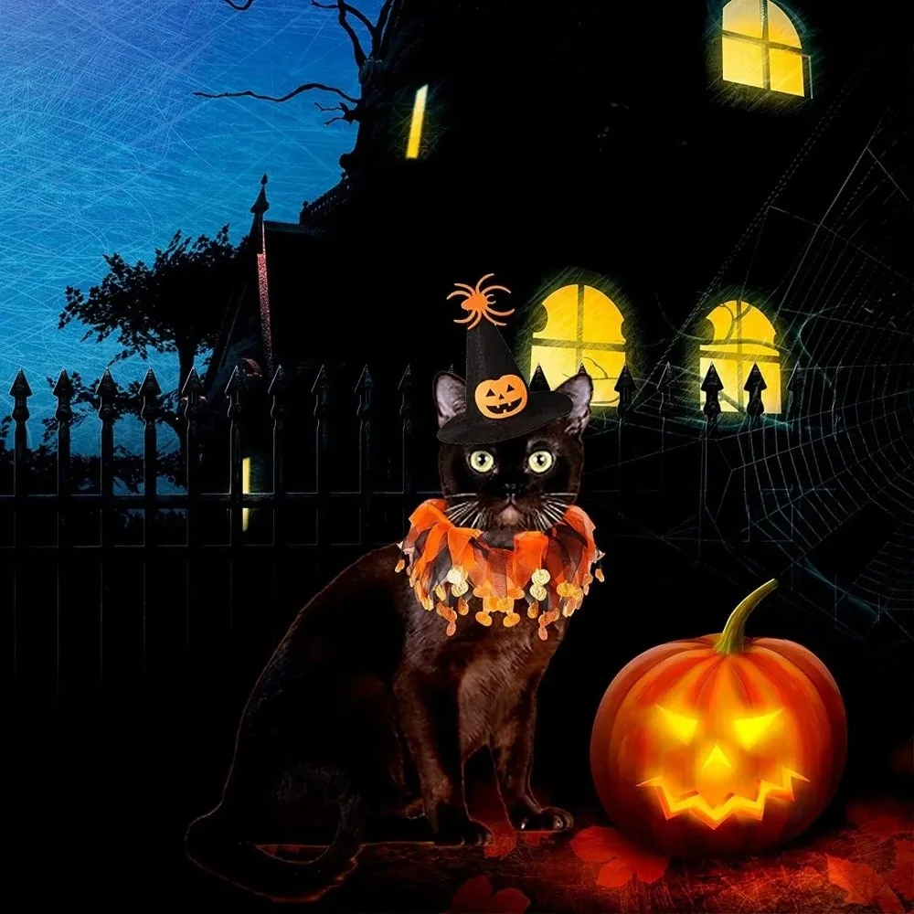 

Kawaii Pumpkin Halloween Cat Costume Adjustable Cosplay Props Cat Collar Hat Set Scarf Mesh Pet Halloween Supplies Cat