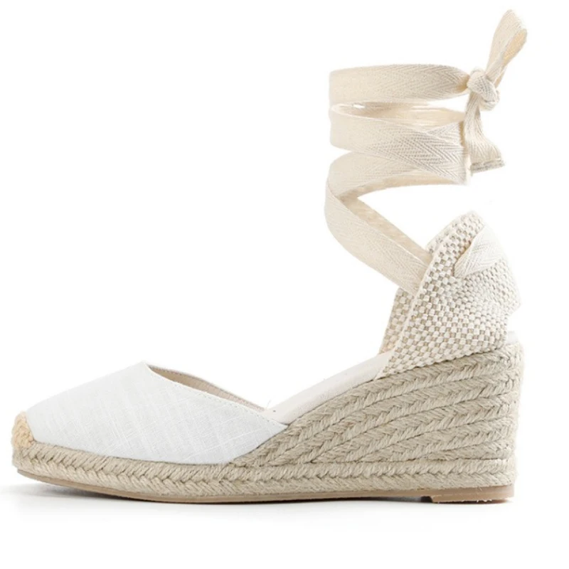 

Новые сандалии на танкетке с перекрестным ремешком из веревки и травы, модные богемные водонепроницаемые римские сандалии на платформе с круглым носком