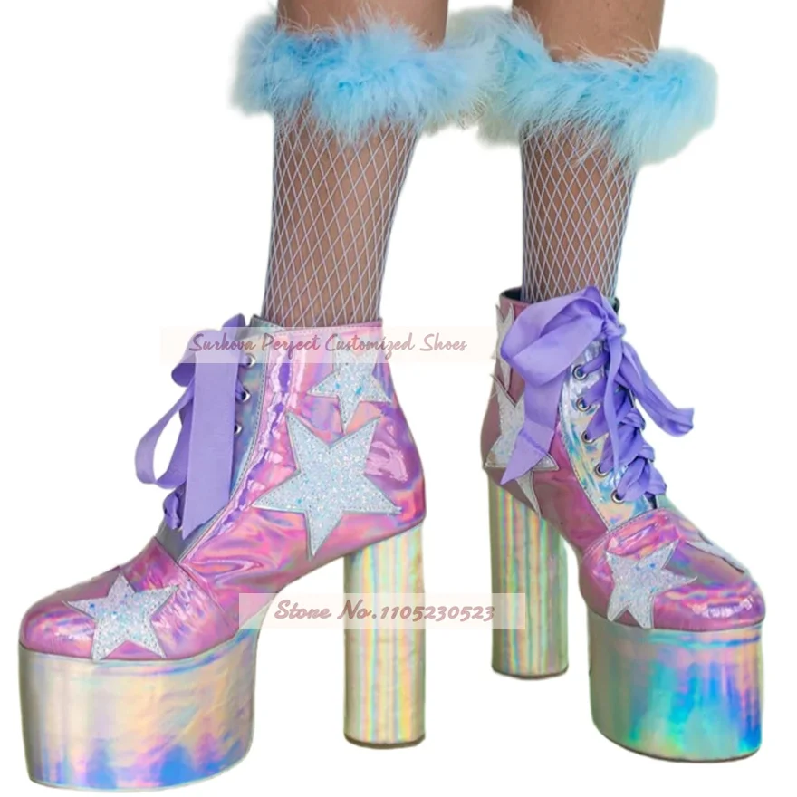 Holographic Pink Platform Ankle Boots Glitter Stars Patchwork Chunky Block Heel Booties Purple Ribband Lace Up Festival Boots