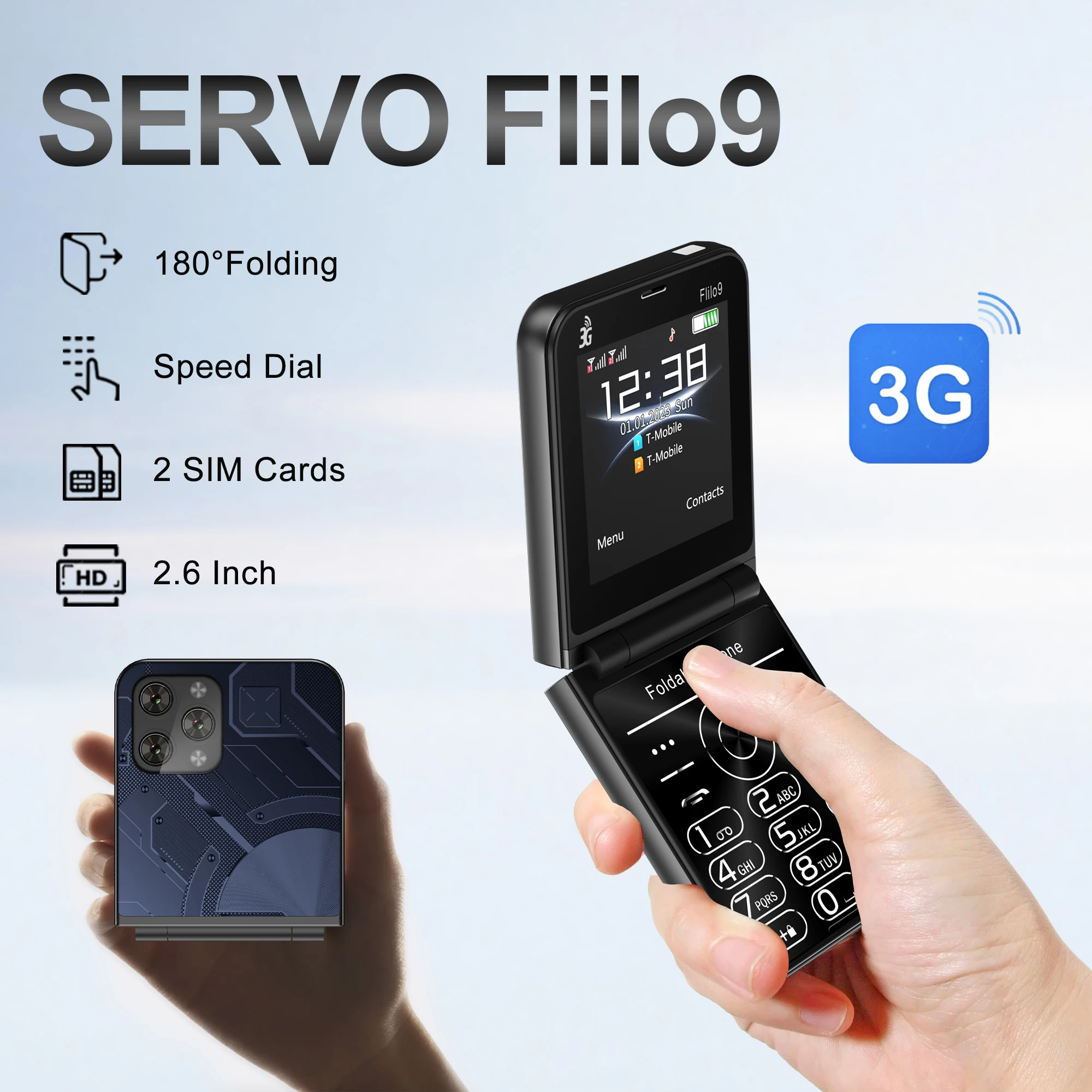 SERVO Foldable Mobile Phone Dual SIM Standby 3G WCDMA Call Recording Speed Dial FM Radio Blacklist Torch Flip Cellphones