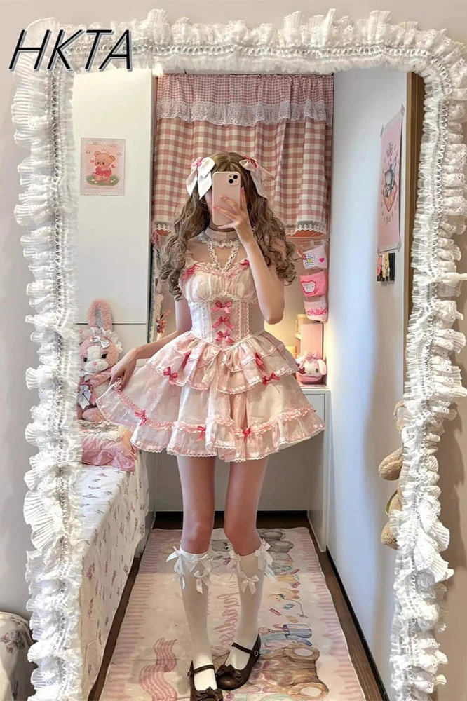 

Lolita Lace Bubble Sleeve Vest Bow Birthday Short Dress Women Dress Flower Wedding Cute Sweet Fluffy Pink Princess Dress Ladies