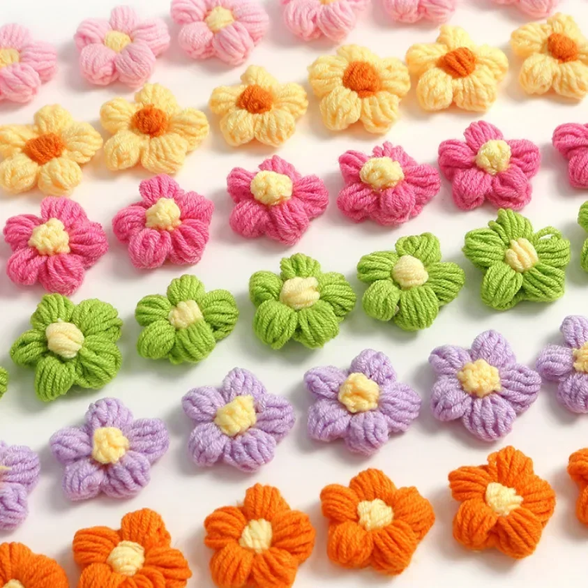 Hand-knitted Flower Brooch Clothes Hats Bags Mini Cotton Flowers Floral Petals Applique Sewing Patches DIY Craft Supplies Girls