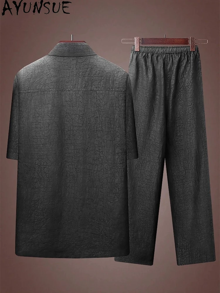 AYUNSUE 100% Natural Mulberry Silk Shirt for Men Summer 2026 Luxury Watered Gauze Pants Man Two Piece Set Outfits Black Shirts
