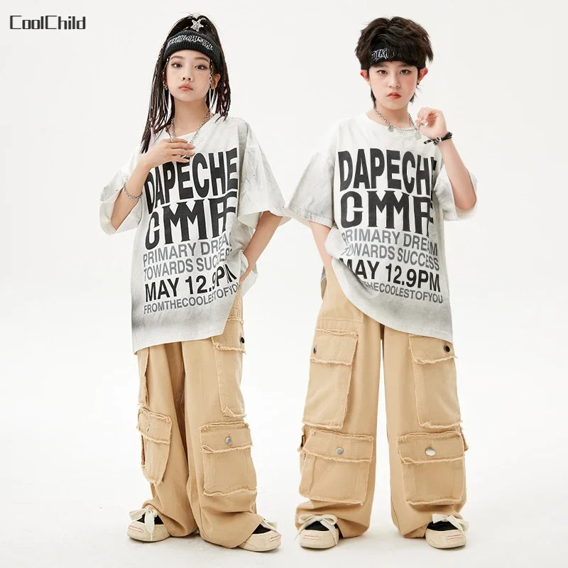 Hip Hop Boys Retro Loose T-shirt Cargo Pants Girls Street Dance K-pop Costumes Children Streetwear Kids Jazz Stage Clothes Sets