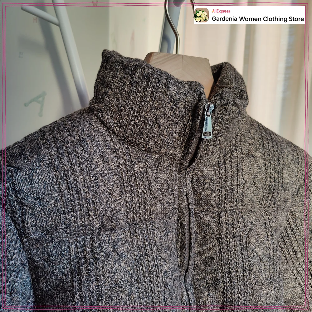 Stylish Women Cable Knit Padded Bomber Anorak with Elastic Hem Casual High Collar Long Sleeves Zippered Parkas with Welt Pockets