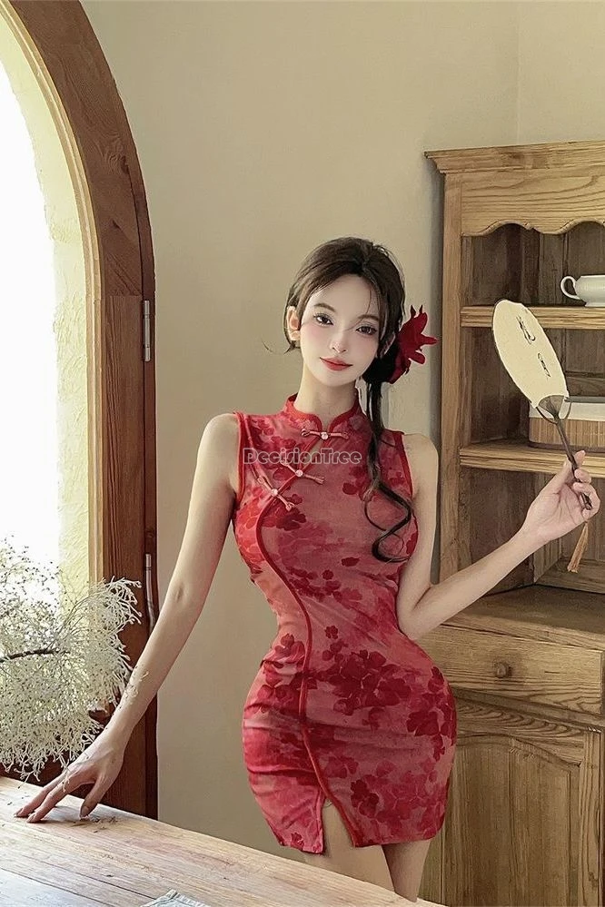 

2025 summer new chinese style retro improved fashion sexy cheongsam dress women sleeveless stand collar slit long qipao dress