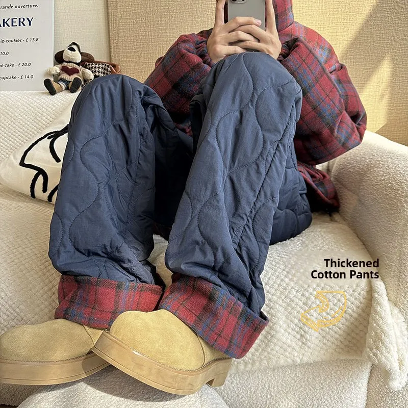 

Extra Large 300 Pou Thi Warm Lamb Velvet Pants Men's Winter Patchwork Plaid Cuffed Straight Leg Casual Trousers