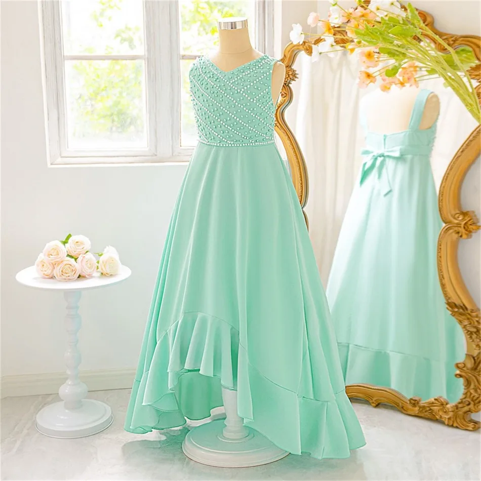 New Princess Girls Green Long Dress Older Childrens Beaded Dovetail Skirt Children's Birthday Party Catwalk Evening Dress ASQ03