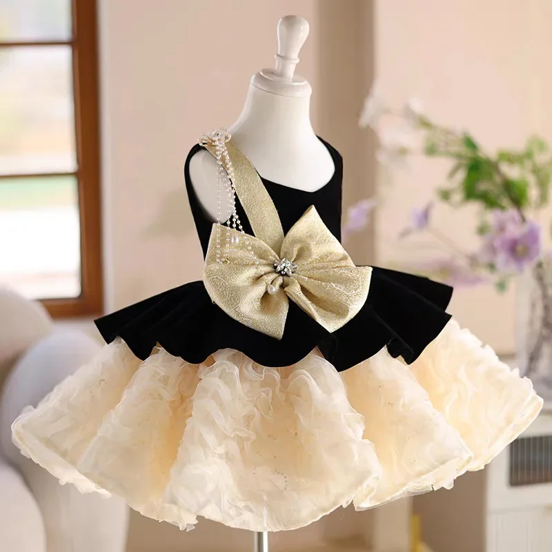 Summer Sleeveless Bow Dress Baby Girls Birthday Elegant Black Splice Children Party Girl Wedding Boutique Dresses Kids Clothing