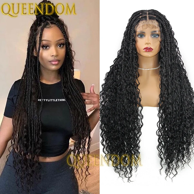 Synthetic Bohemian Braid Wig 32 Inch Cornrow Plaits Curly Ends Braided Wig for Black Women Distressed Full Lace Box Braids Wigs