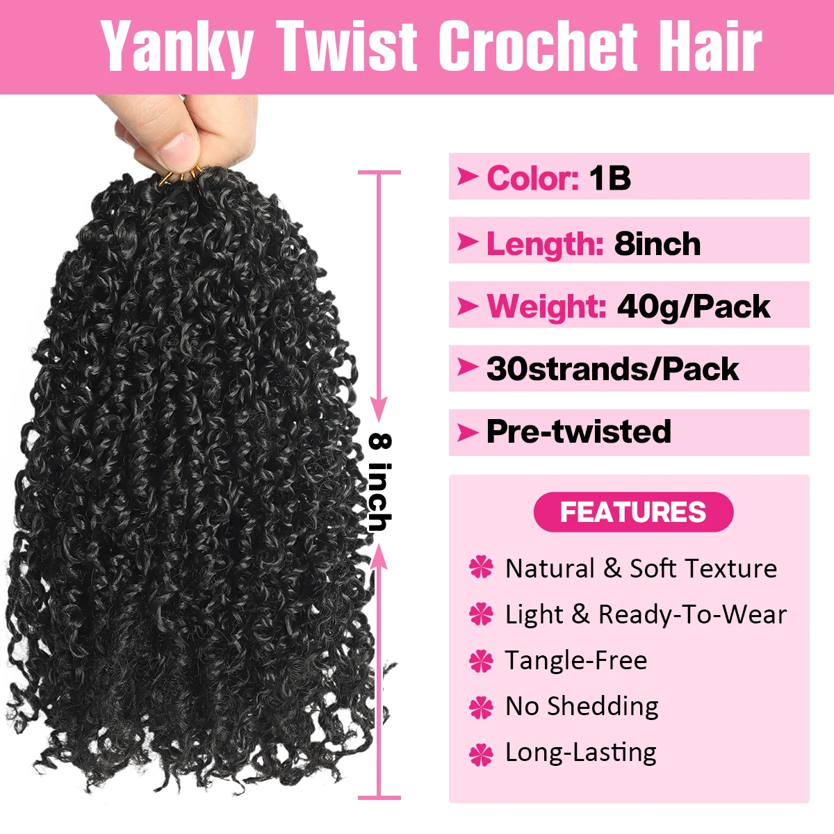 Cabelo de crochê sintético, Pré-looped Yanky Twist, Micro Spring Twist, 30 fios, 30 pcs, 8"