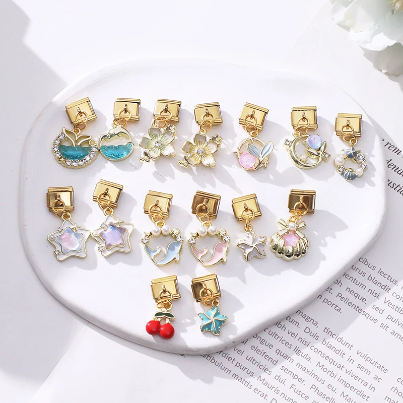 لامعة الزركون ذيل السمكة ستار الزهور الكرز الذهبي قلادة الإيطالية سحر الروابط صالح 9 مللي متر الفولاذ المقاوم للصدأ سوار النساء DIY بها بنفسك صنع #6