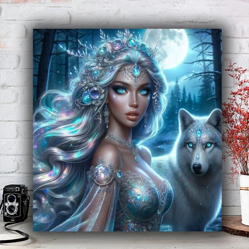 Moon Night Woman Beauty Wolf Diamond Painting Full Square Round Diamond Art Mosaic 5D Diy Cross Stitch Kit Embroidery Home Decor