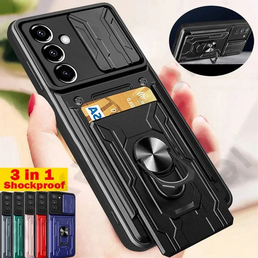 Case For Samsung Galaxy S24 S23 S22 S21 Ultra Plus S20 FE A55 A35 A15 A54 A34 4G 5G Slide Camera Card Holder 360° Ring Cover