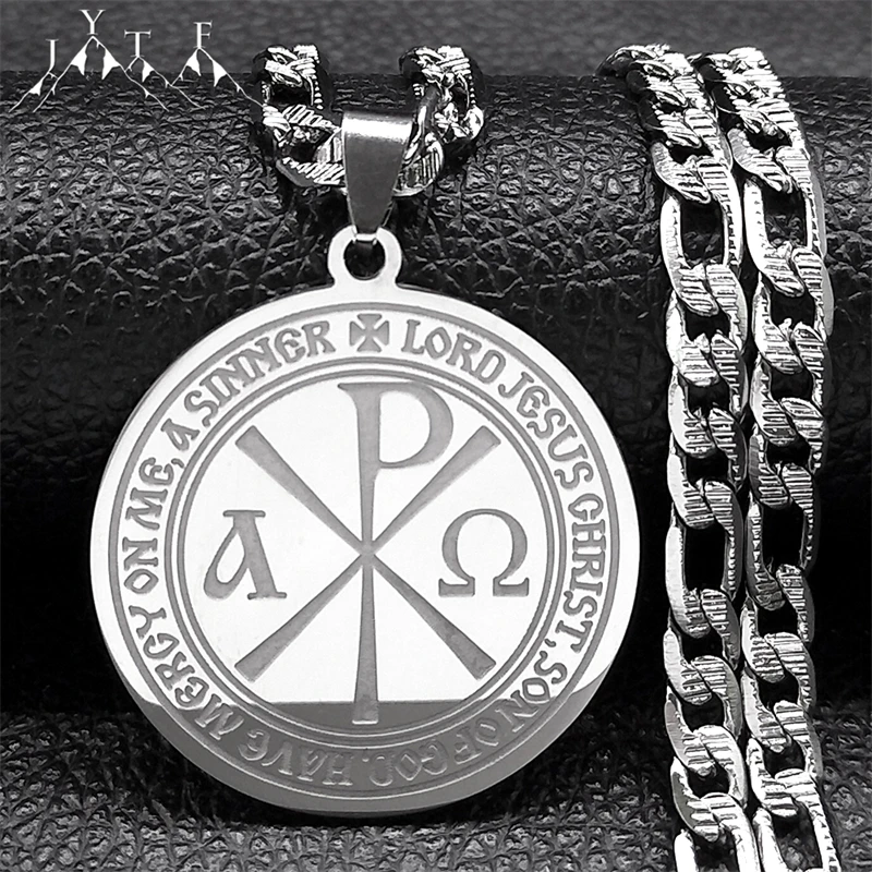 Chi Rho ΧΡ Constantine Cross Necklace Men Stainless Steel Alpha And Omega Christian Greek Alphabet Necklaces Jewelry  9717